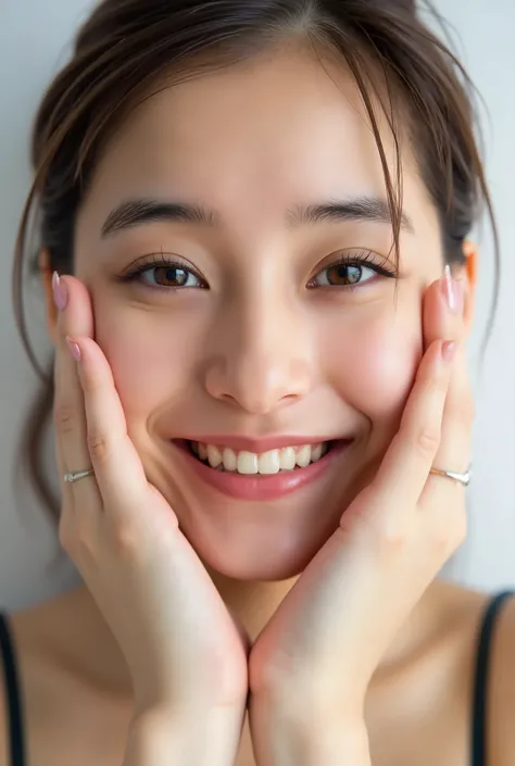 extreme close-up portrait, beautiful girl with her love-struck, radiant face filling the entire frame (95% face ratio), gently placing both open hands on her flushed cheeks with soft fingers, soft black camisole, white blurred background, eyes dreamy and h...