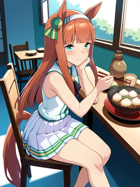 masterpiece, Highest Quality, smile,Eat dumplings,chopsticks、dish,tables,chair, silence suzuka \(umamusume\), white skirt, pleated skirt, (Bare legs), ((((sleeveless)))), (sleeveless),canteen,