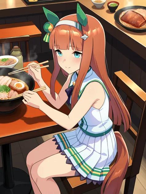 masterpiece, Highest Quality, smile, ramen食べる, ramen,Roasted pork,chopsticks、dish,tables,chair, silence suzuka \(umamusume\), white skirt, pleated skirt, (Bare legs), ((((sleeveless)))), (sleeveless),canteen,