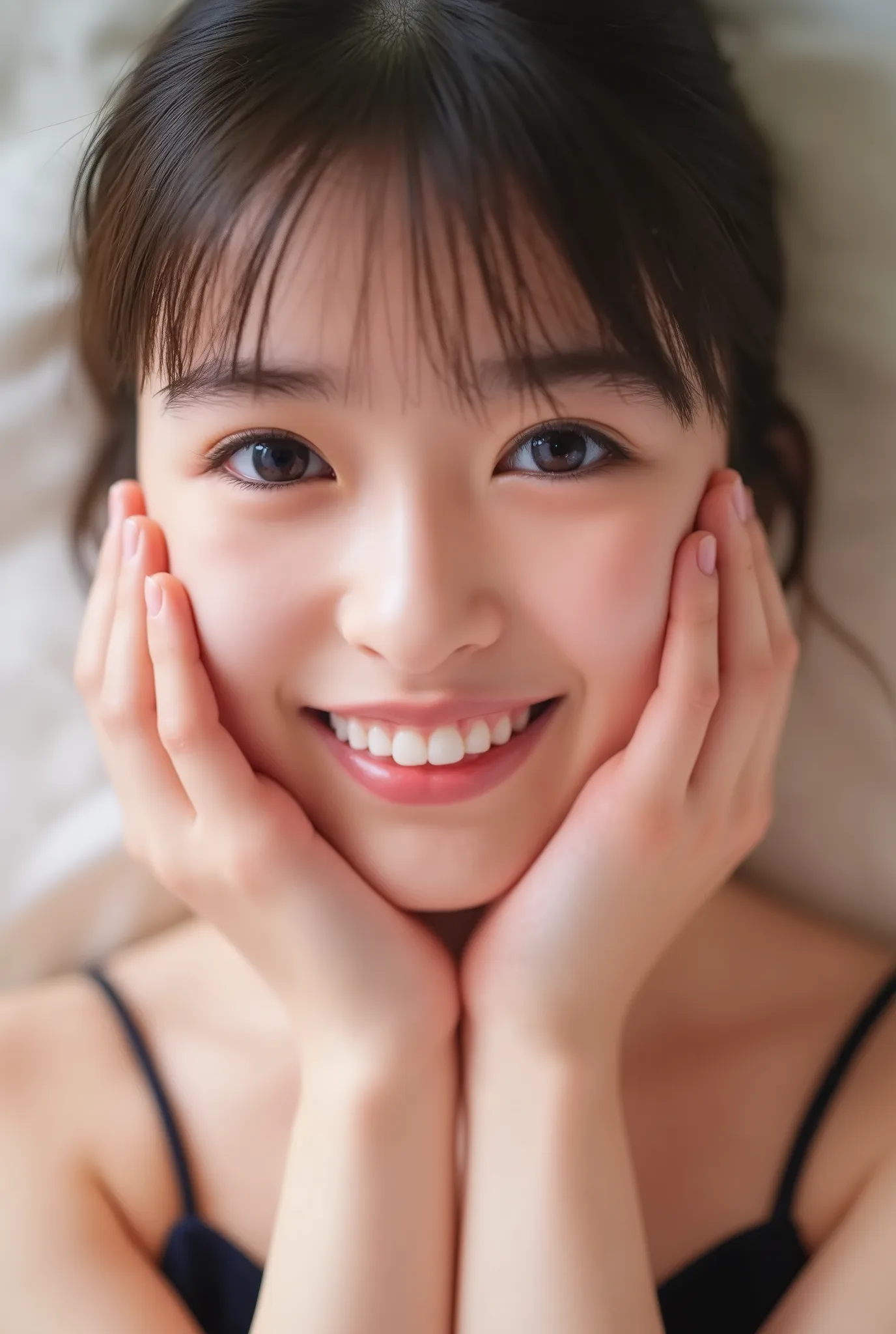 extreme close-up portrait, beautiful girl with her love-struck, radiant face filling the entire frame (95% face ratio), gently placing both open hands on her flushed cheeks with soft fingers, soft black camisole, white blurred background, eyes dreamy and h...