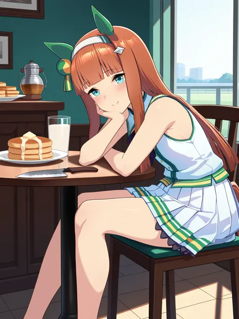 masterpiece, Highest Quality, smile,cat character wallpaper,hot milk ,pancakes,.Hawk.knife,dish,tables,chair, silence suzuka \(umamusume\), white skirt, pleated skirt, (Bare legs), ((((sleeveless)))), (sleeveless),canteen,