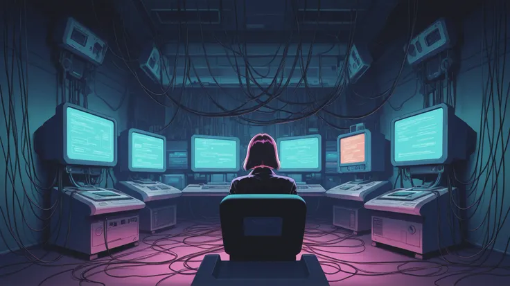 cyberpunk machine woman connected to 80s computers with wires using retro virtual reality machine in a lab with multiple computers with wires everywhere, dark machine
