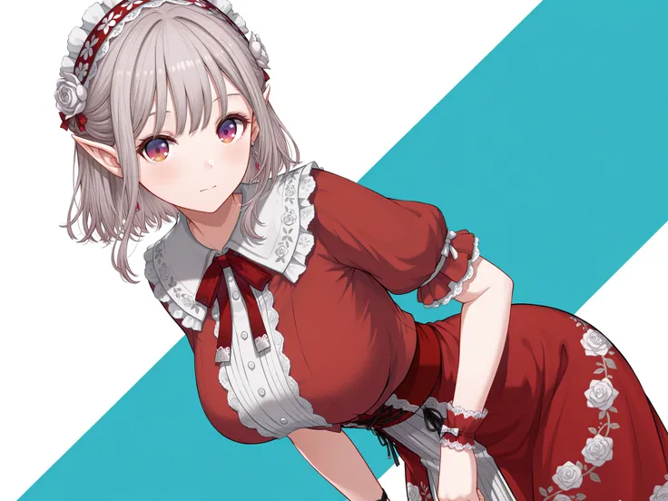 masterpiece,best quality, amazing quality, highres, absurdres, very aesthetic, high resolution, ultra detailed, perfect details,niji-elu,,large breasts,gradient eyes,red eyes,purple eyes,grey hair,pointy ears,short hair,bangs,earrings,niji-elucos1,red dres...