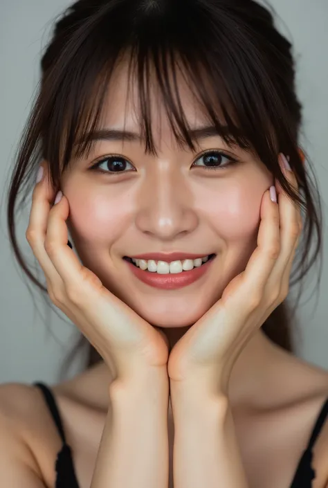 extreme close-up portrait, beautiful girl with her love-struck, radiant face filling the entire frame (95% face ratio), gently placing both open hands on her flushed cheeks with soft fingers, soft black camisole, white blurred background, eyes dreamy and h...