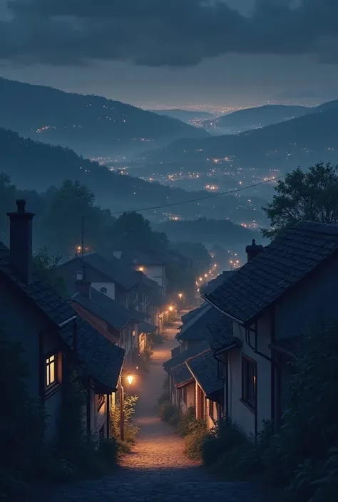 romantic horizontal landscape photo with a view of a roof, landscape of a small night town, with beautiful lighting.