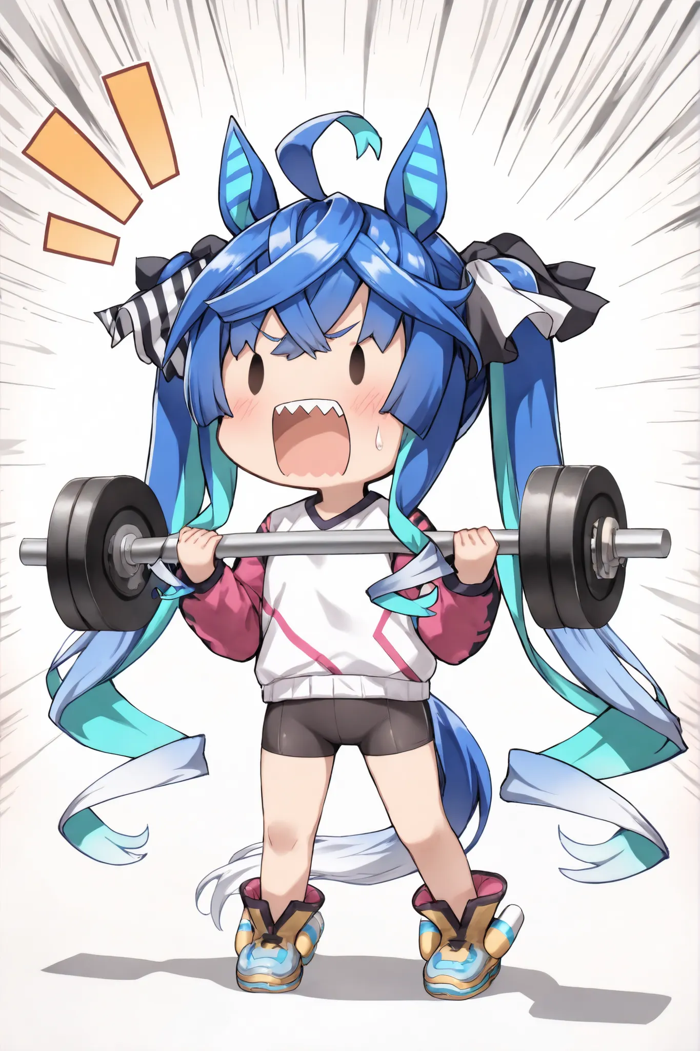 Twin Turbo \(umamusume\),
((Masterpiece)),((best quality)),((incredibly absurdres)),((8K)),
1 chibi girl,solo,anime style,deformed character,BREAK,
(solid oval eyes),facing to the side,BREAK,
(Strength training),notice lines,
open mouth wide,screaming,swe...