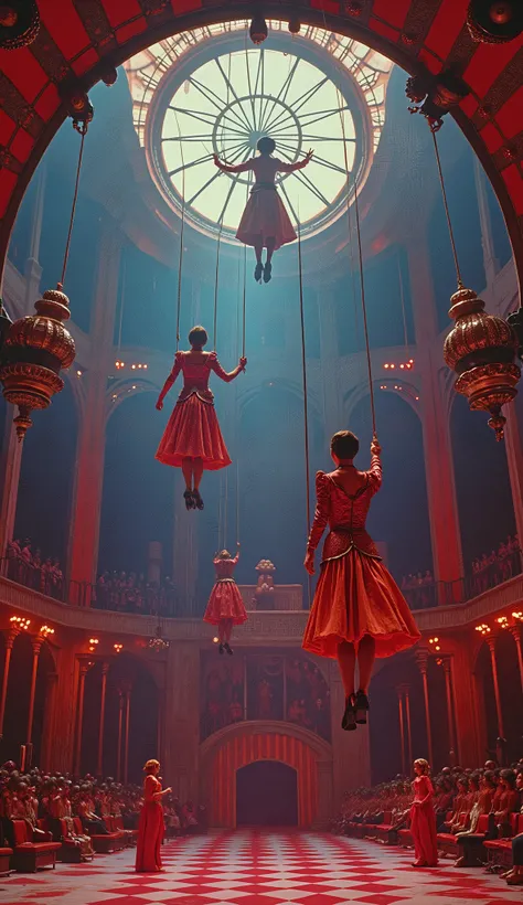 Surreal psycho pop. Intriguing people in the circus. Trapeze artists in action climb very high inside the tent, Clockwork Orange film. Cinematic. 8K.