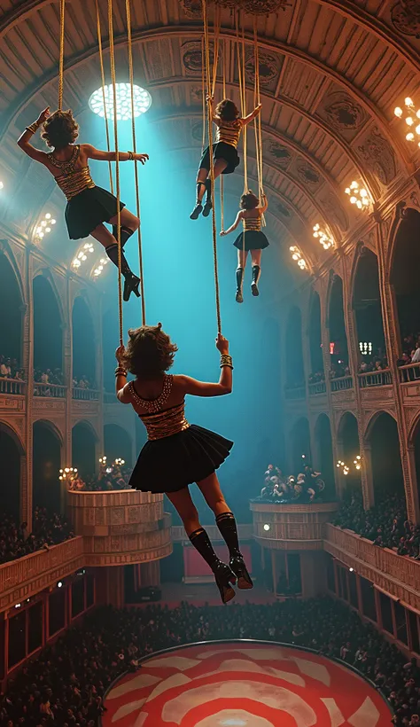 Surreal psycho pop. Intriguing people in the circus. Trapeze artists in action climb very high inside the tent, Clockwork Orange film. Cinematic. 8K.