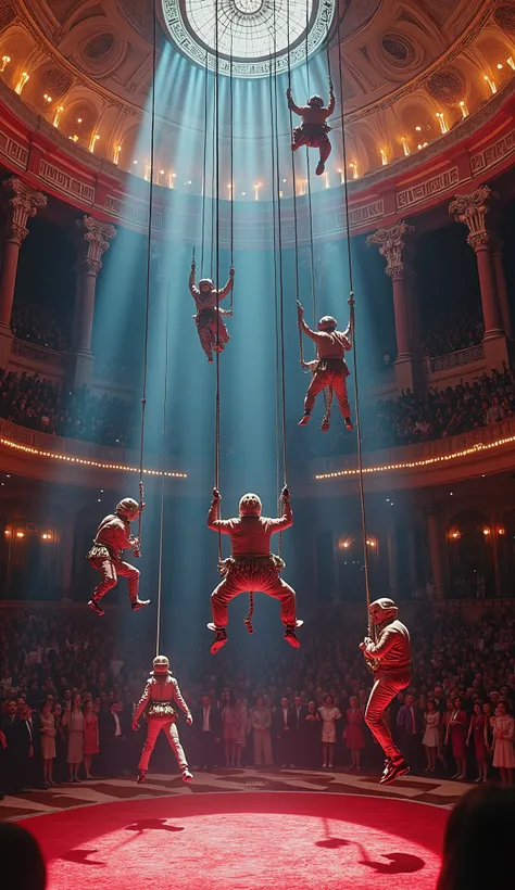 Surreal psycho pop. Intriguing people in the circus. Trapeze artists in action climb very high inside the tent, Clockwork Orange film. Cinematic. 8K.