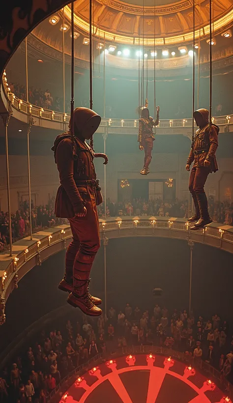 Surreal psycho pop. Intriguing people in the circus. Trapeze artists in action climb very high inside the tent, Clockwork Orange film. Cinematic. 8K.