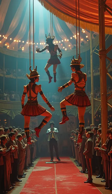 Surreal psycho pop. Intriguing people in the circus. Trapeze artists in action climb very high inside the tent, Clockwork Orange film. Cinematic. 8K.