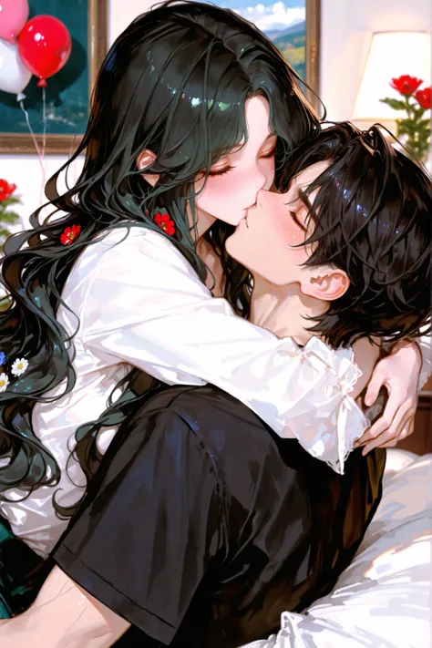 1male and 1female romantic couple. they kissing with hug, The female is a 30-years-old full black hair styled in ((long hair and wavy hair)) and (((curtained bangs))). she closed eyes, she looks an aroused expression with blush, she wear dark green pajama,...