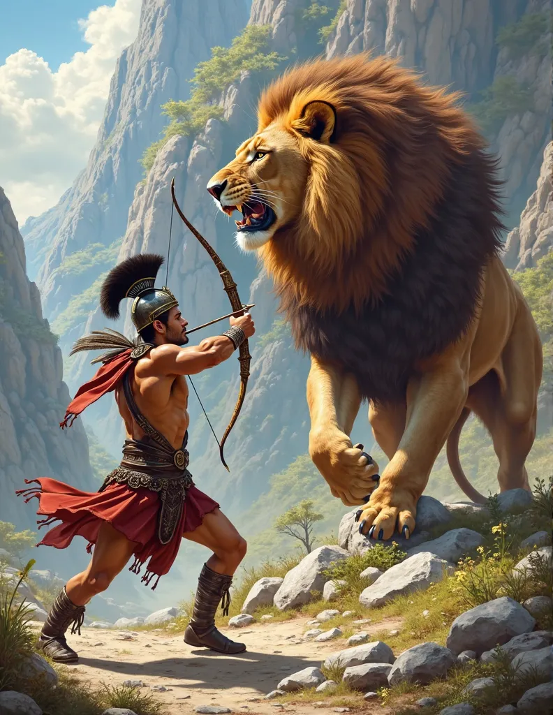 An ancient Greek-style young man knocking down a lion with a bow