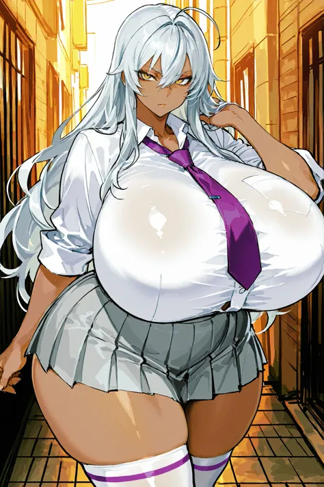 (((best quality))), ((ultra-detailed)), (illustration), ((an extremely delicate and beautiful)),(background:Next to the concrete school building),1 woman,solo,(Serious expression),(gleaming skin),(White shirt with sleeves rolled up)(Purple tie),(Grey Skirt...