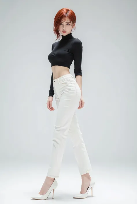 NocheRealistic Asian girl standing white pants red short hair pants red movie tight pants heels white heels long sleeve shirt 