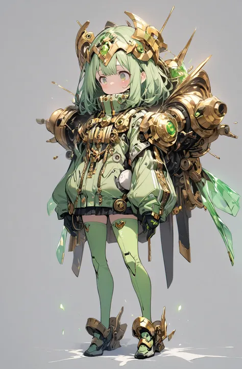 1 girl, high definition,  Gold,  quick, medium hair, droopy eyes, light green eyes simple background, headpiece, Futuristic Suit　 light green clothing 　 full body view