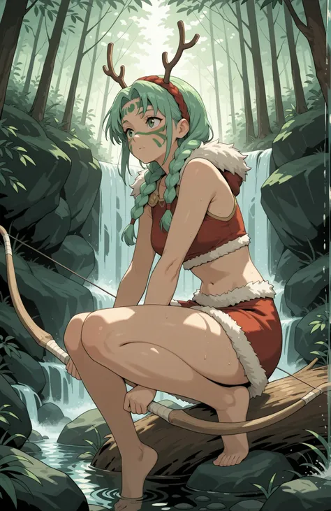 A woman with long green braided hair, fair skin, holding a large wooden hunting bow, wearing animal furs, fur trimmed skirt, a headband with antlers, green face paint, bare midriff, bare legs, focused, crouched, in a forest during the day next to a waterfa...