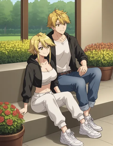 Couple male and female, anime, leone, short hair, anime screencap,big breasts, cleavage, smile, yellow eyes, wearing white crop top, jeans white sneakers, couple with arthur, arthur_pendragon_fate, blonde hair, wearing black hoodie, loose pants brown, whit...