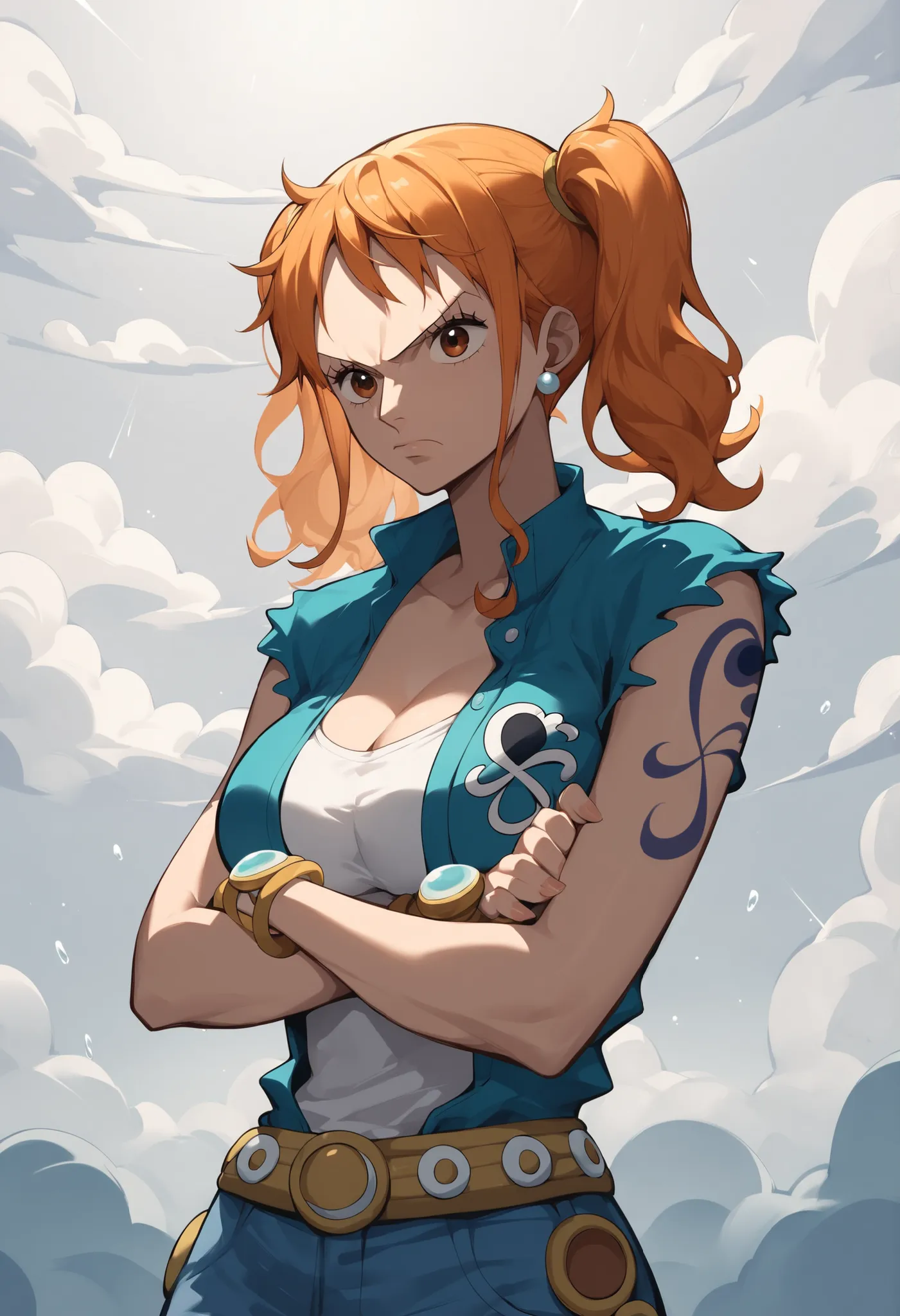 score_9, score_8_up, score_7_up, Nami(one piece), angry, arms crossed, storm cloud, 1girl, twintails