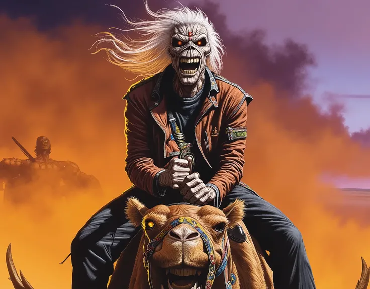 Close-up. iron maiden album cover of Eddie driving a camel over a dune , 1 9 8 0's heavy metal album art, 1980s metal artwork, realistic, detailed, intricate