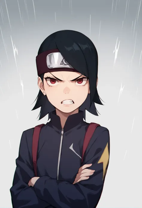 score_9, score_8_up, score_7_up, Sarada Uchiha, angry, arms crossed, storm cloud, 1girl, twintails