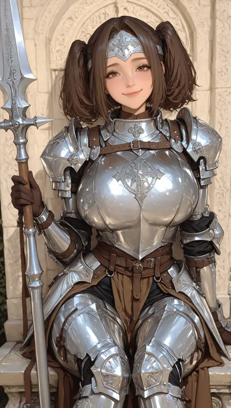 A Female,SOLO,Slim body,Brown eyes,Oppai,(Brown short hair,hair intakes,twintails),Silver Forehead Protector, Wearing A Silver Knight Armor,(Sliver Legs Armor),Holding a Silver Long-handled Spear(Between her legs), In Holy temple,Sitting on A Stone bench,(...