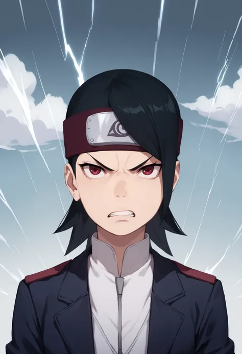 score_9, score_8_up, score_7_up, Sarada Uchiha, angry, arms crossed, storm cloud, 1girl, twintails