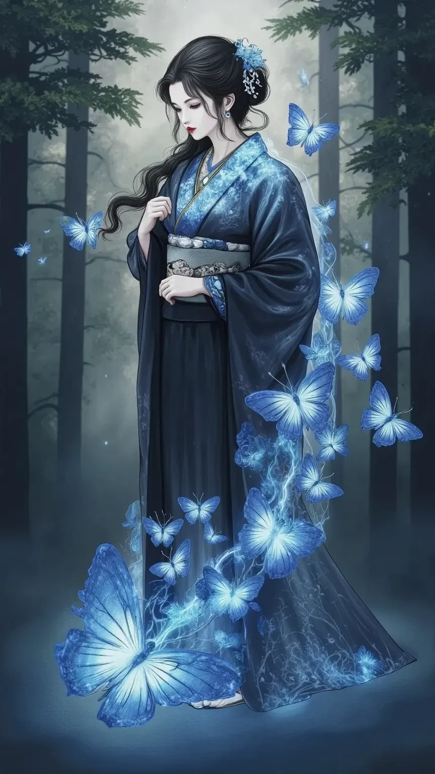 A woman in a kimono standing on a lake in the woods、solo、dark eyes、black hair、anatomically perfect、Beautifully illustrated fingers、Many sparkling blue butterflies that take off like they spring up with light from her feet、 twinkle、The background is a dim forest with gentle light shining in、quiet and fantastic atmosphere、Fantasy Art、Highest Quality、high image quality、masterpiece、16k、after being played in high definition、absurd、isometric drawing