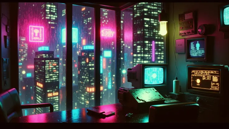 Rain trickling down a tall window pane inside a high-rise apartment at night, neon reflections dancing on the glass — a blurred 1980s synthwave cityscape outside, glowing in pink, teal and magenta — warm ambient light from old cathode-ray monitors flickeri...