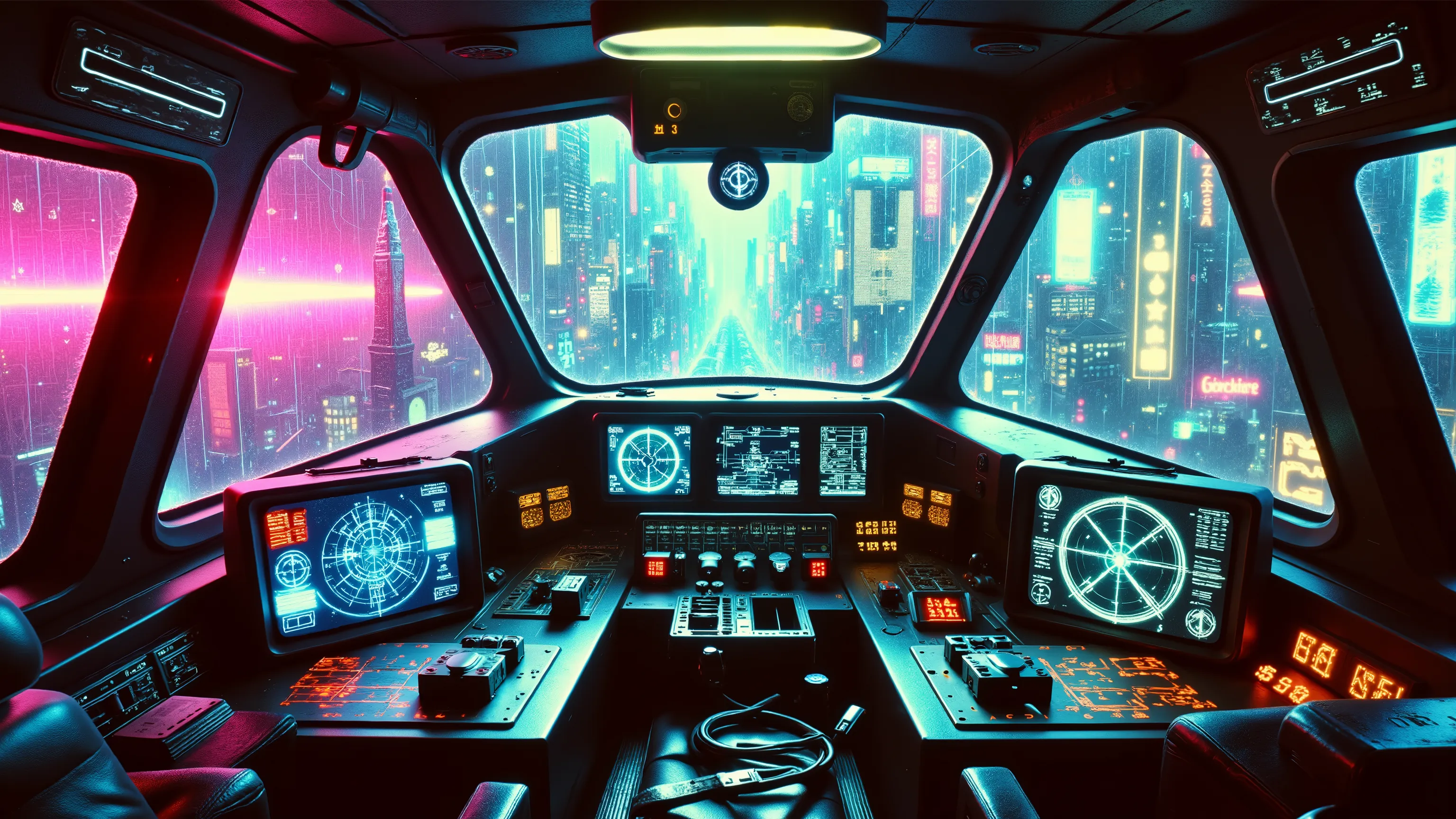 POV from inside a retro-futuristic spaceship cockpit flying over a 1980s synthwave metropolis — analog dashboards, glitching holograms, neon HUD overlays in hot pink and electric blue — rain streaks on the cockpit glass, distant towers glowing through the ...