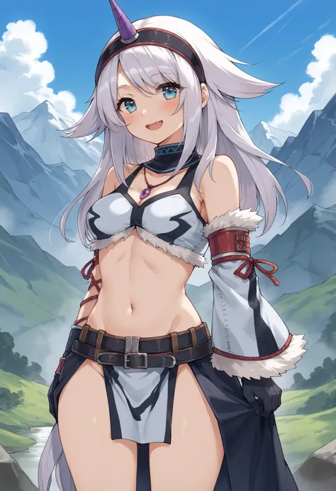( score_9:0.9), score_8_up, score_7_up,rating_explicit, anime style,(zPDXL), r armor, purple single horn headband, young_girl, Alone, long_gloves, black_knee_high , white_long_hair, shaggy_bang,Blue Eyes, under the arm, arms, medium_breasts , black_tub...