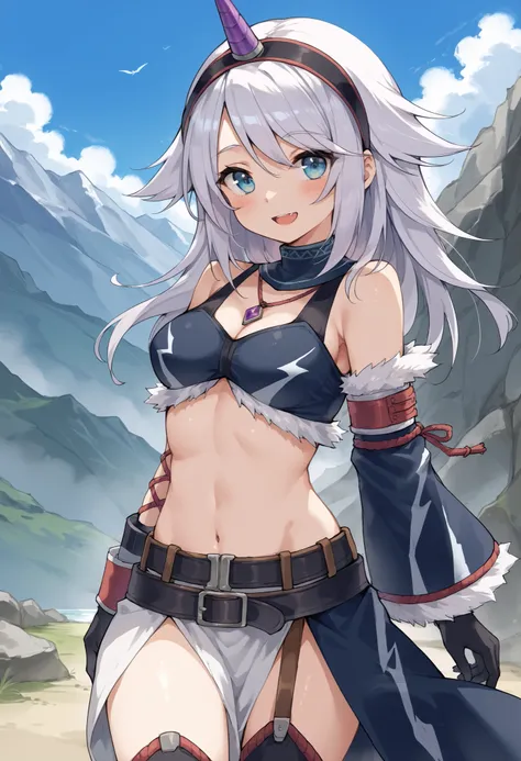 ( score_9:0.9), score_8_up, score_7_up,rating_explicit, anime style,(zPDXL), r armor, purple single horn headband, young_girl, Alone, long_gloves, black_knee_high , white_long_hair, shaggy_bang,Blue Eyes, under the arm, arms, medium_breasts , black_tub...