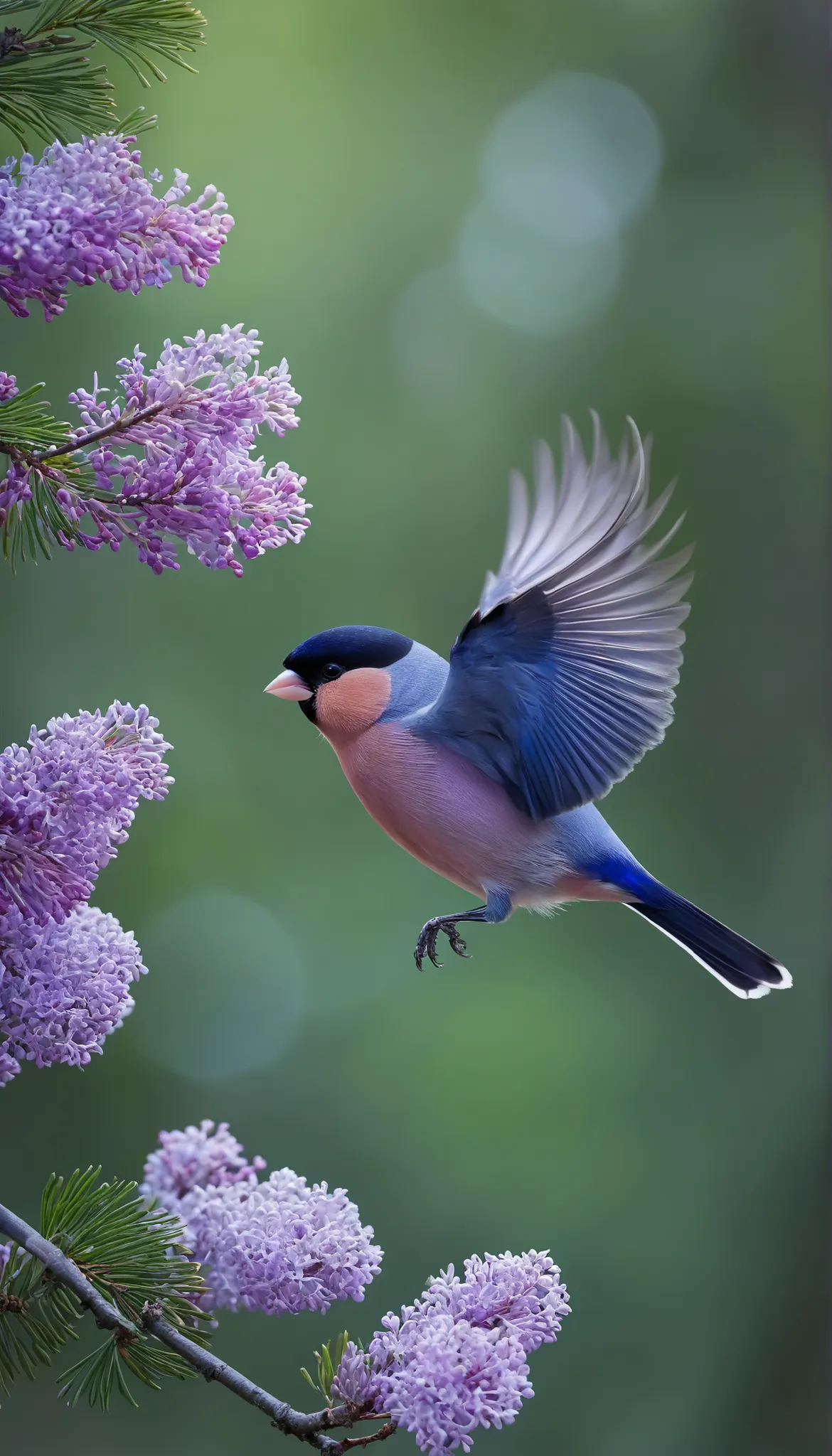 in gentle light、It is a beautiful image of the most beautiful bird in the world and、a lilac-colored bullfinch taking off from a branch of a tree in the forest when you get close。