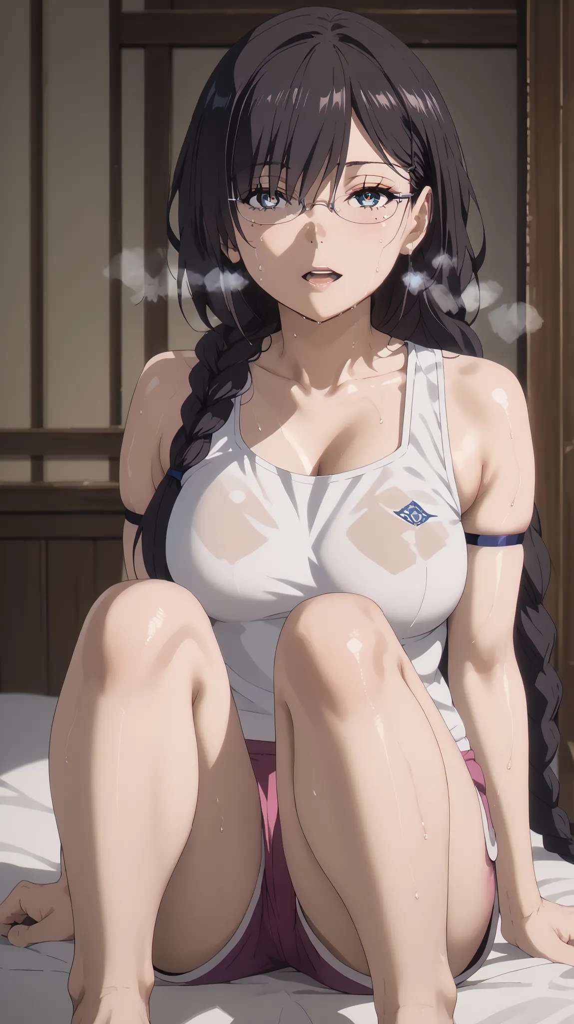 score_9, score_8_up, score_7_up, score_6_up, uncensored, juumonjikaho, glasses, black_hair, long hair, mole, blue_eyes, bangs, braid, single braid, bright pupils, anime coloring, anime screencap, large breasts, (voluptuous:1.3), (thick:1.3), BREAK UHD, ret...