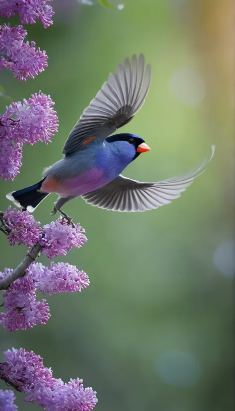 in gentle light、It is a beautiful image of the most beautiful bird in the world and、a lilac-colored bullfinch taking off from a branch of a tree in the forest when you get close。