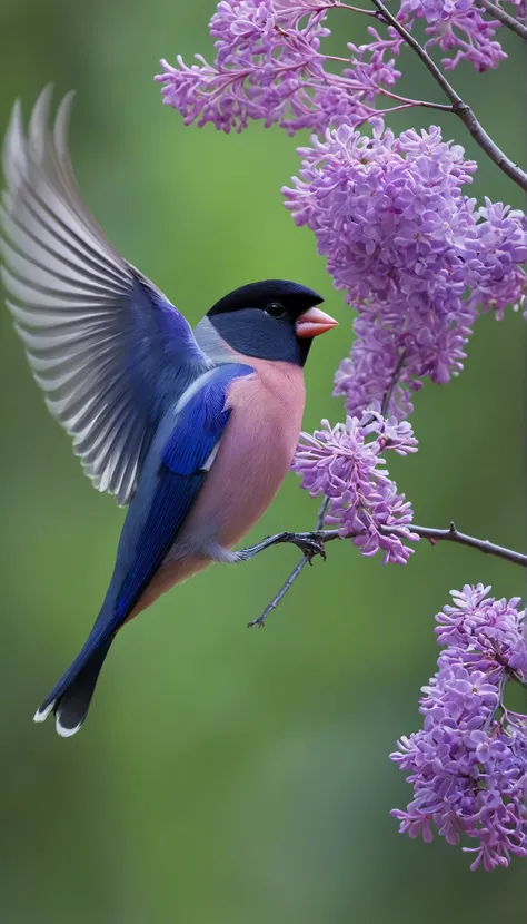 in gentle light、It is a beautiful image of the most beautiful bird in the world and、a lilac-colored bullfinch taking off from a branch of a tree in the forest when you get close。
