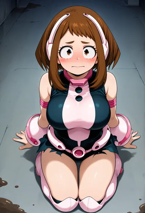 official style, Anime-Screenshot, Ochako Uraraka, 1 girl, brown hair, brown eyes, Allein, Superheld, hero suit, closed mouth, very large breasts, (F65), looks at the viewer, Kneeling on a mud-covered floor, it&#39;s raining heavily, It is night, Ochako Ura...