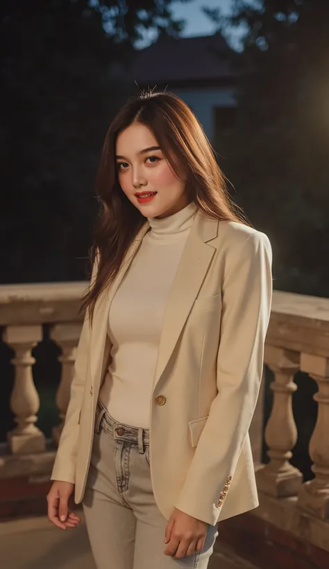 Masterpiece, highres, high Quality, detailed face, detailed body render, 1girl, tanned skin, solo, tight white turtleneck, cream blazer, white grey jeans tight, medium breasts, forward breasts, dark lips, seductive standing on terrace in wodden house ancie...