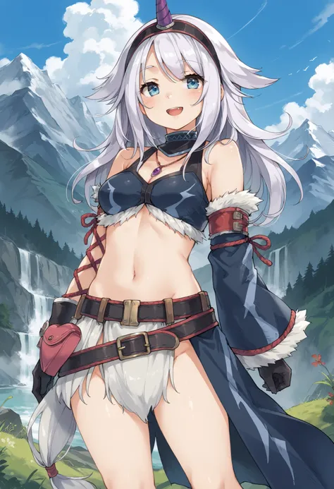 ( score_9:0.9), score_8_up, score_7_up,rating_explicit, anime style,(zPDXL), r armor, purple single horn headband, young_girl, Alone, long_gloves, black_knee_high , white_long_hair, shaggy_bang,Blue Eyes, under the arm, arms, medium_breasts , black_tub...
