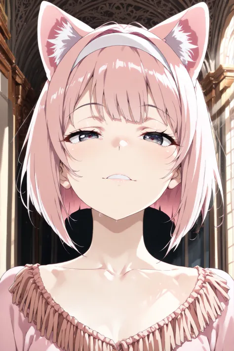half body shot, mesmerized face, half closed eyes,  adult face, cat ears, pale pink hair, bobcut hair, white hairband, front hair fringe, blueish grey eyes, pale pink long cat ears, volumous hair, (anime style), (masterpiece, best quality), amazing quality...