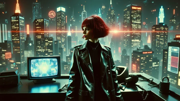 A beautiful cyberpunk woman with short red hair and a black leather trench coat standing on a rooftop ledge at night, overlooking the neon-lit city — wind blowing her coat, glowing cybernetic eye, 1980s synthwave cityscape behind her, old cathode-ray monit...