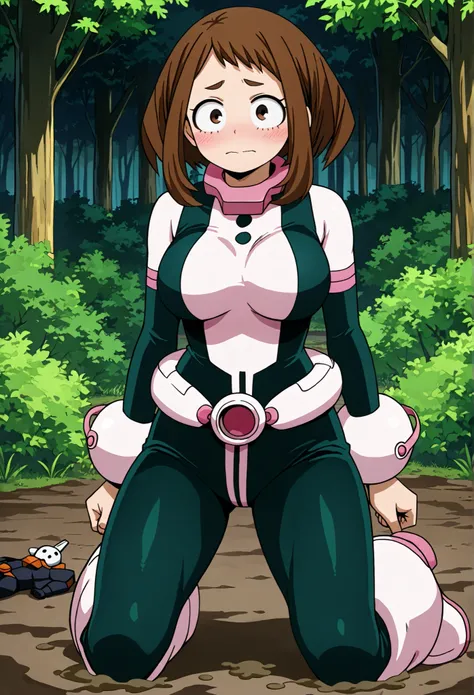 official style, Anime-Screenshot, Ochako Uraraka, 1 girl, brown hair, brown eyes, Allein, Superheld, hero suit, closed mouth, very large breasts, (F65), looks at the viewer, Kneels on a mud-covered ground, Out in front of a forest, it&#39;s raining heavily...
