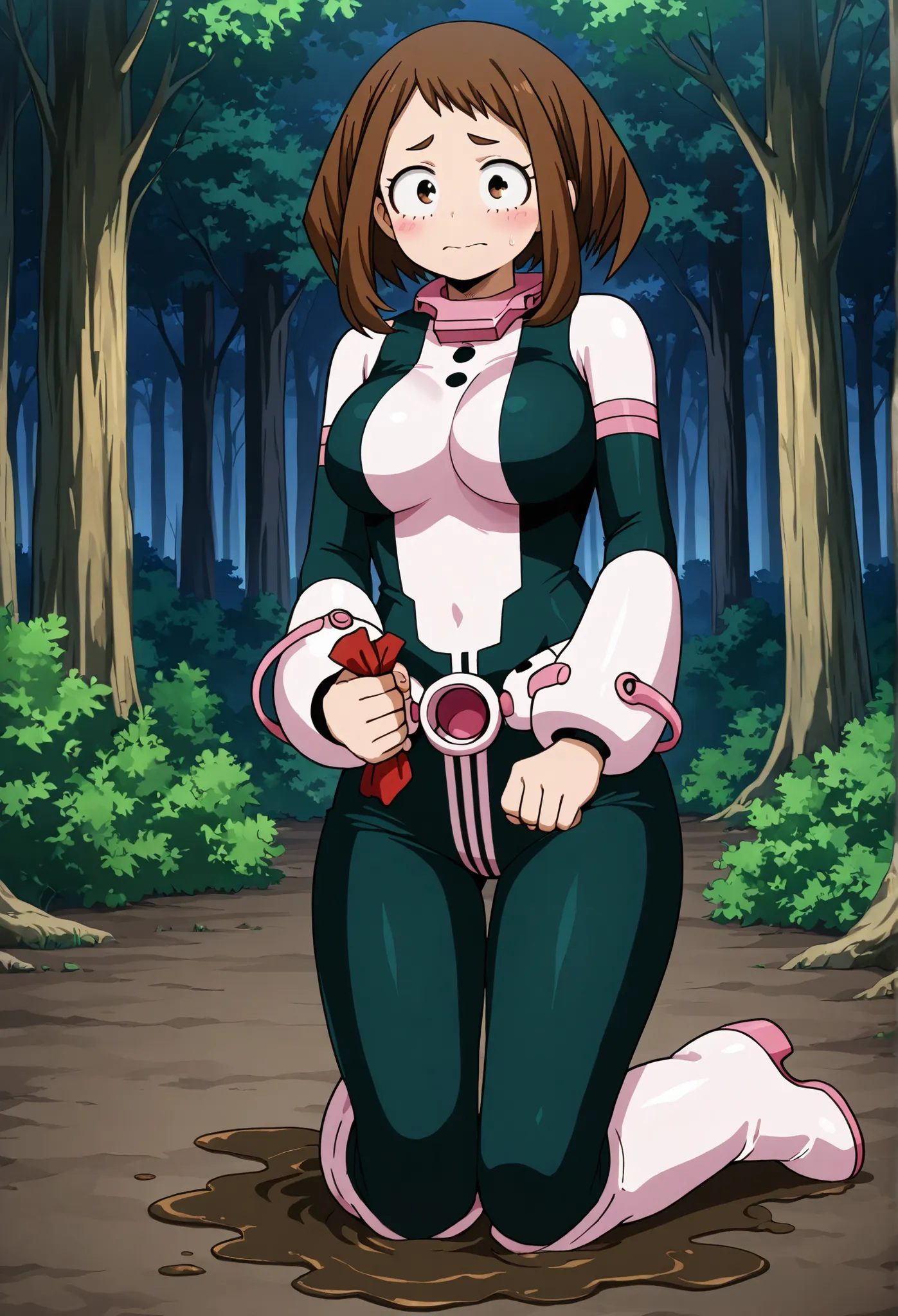 official style, Anime-Screenshot, Ochako Uraraka, 1 girl, brown hair, brown eyes, Allein, Superheld, hero suit, closed mouth, very large breasts, (F65), looks at the viewer, Kneels on a mud-covered ground, Out in front of a forest, it&#39;s raining heavily...