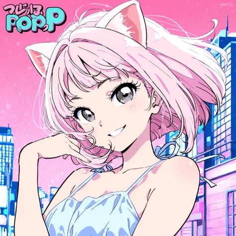 dynamic pose, half body, half profile, masterpiece, high quality, pale pink hair girl, bob tidy hair, pale pink cat ears, bluish gray eyes, anime style, adult face, cute, smiling, city pop background, dress