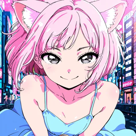 dynamic pose, half body, half profile, masterpiece, high quality, pale pink hair girl, bob tidy hair, pale pink cat ears, bluish gray eyes, anime style, adult face, cute, smiling, city pop background, dress