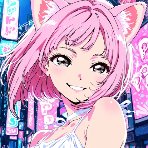 dynamic pose, half body, half profile, masterpiece, high quality, pale pink hair girl, bob tidy hair, pale pink cat ears, bluish gray eyes, anime style, adult face, cute, smiling, city pop background, dress