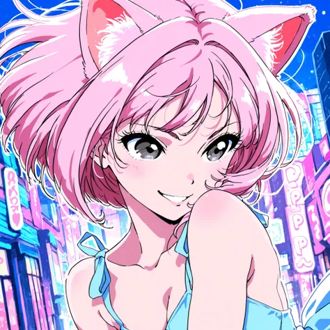 dynamic pose, half body, half profile, masterpiece, high quality, pale pink hair girl, bob tidy hair, pale pink cat ears, bluish gray eyes, anime style, adult face, cute, smiling, city pop background, dress