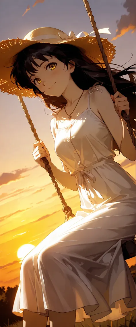 1 woman, pale skin, dutch angle, black hair, golden eyes, summer hat, beautiful necklace, summer dress, sitting on a swing, cheerful smile, windy, outdoors, sunset, chiaroscuro, masterpiece, high quality, highly detailed