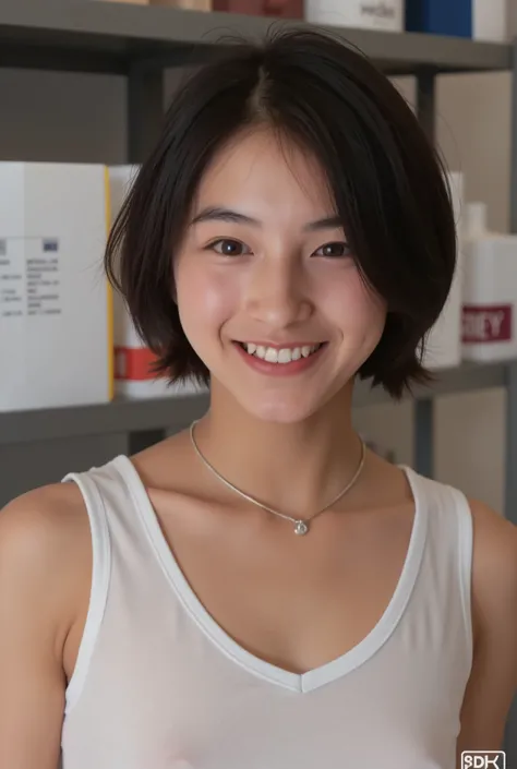 smile:2.0、 (super precise human body structure , Highest Quality 、 RAW photos、8k、32K、masterpiece、 realistic、 Photorealistic:1.37)、images of cute Japanese women removing items from shelves、 tank top、 shot in natural light、 upper body、 1 girl on break day...