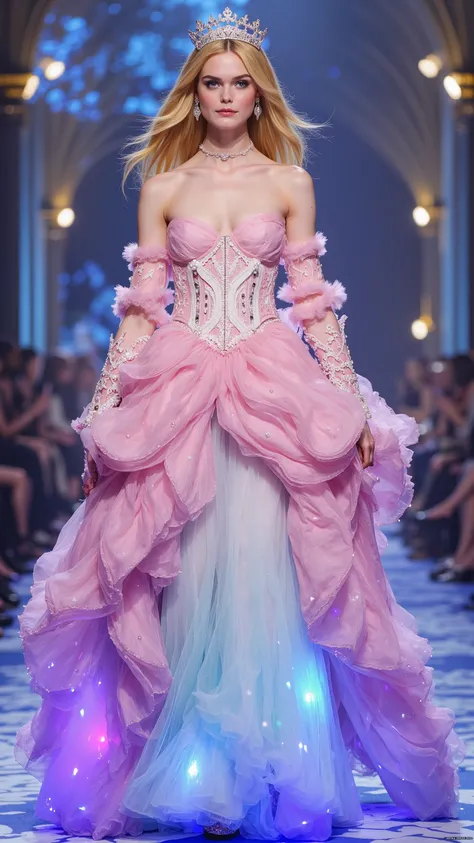 Elle Fanning reimagined as an Aurora princess, parades down the catwalk of a fashion show、1 female、full body, porcelain skin glowing with soft inner light, long golden wavy hair cascading like liquid sunlight down her back, petal-pink lips, elegant cheekbo...